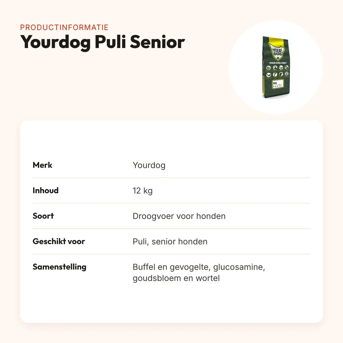 Yourdog hondenvoer Puli Senior 12 kg – buffel en gevogelte – productinformatie