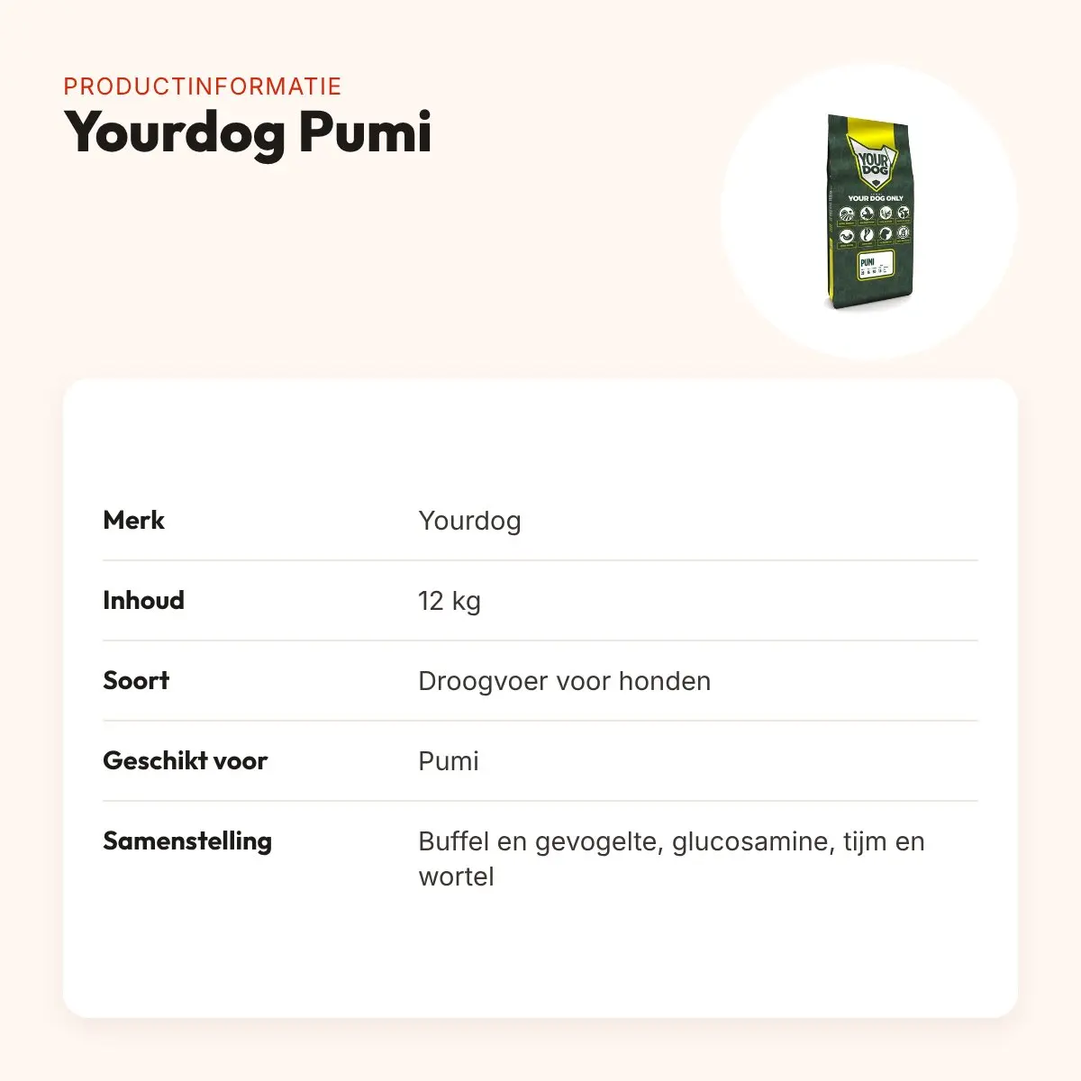 Yourdog hondenvoer Pumi 12 kg – buffel en gevogelte – productinformatie
