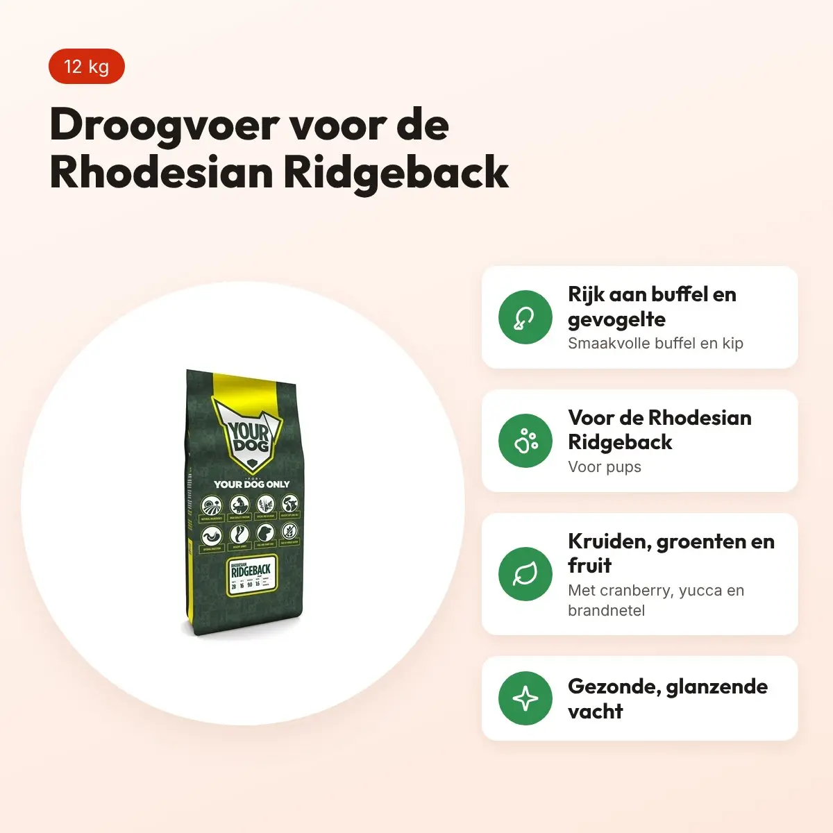 Yourdog hondenvoer Rhodesian Ridgeback Pup 12 kg – buffel en gevogelte – voordelen