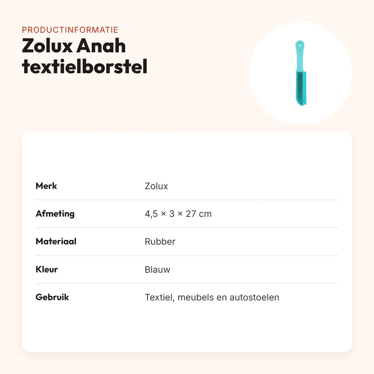 Zolux Anah textielborstel rubber 4,5 x 3 x 27 cm – blauw, tegen dierenharen – productinformatie