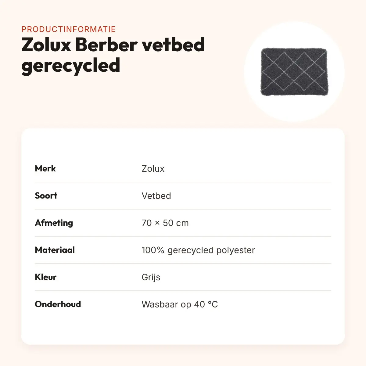 Zolux Berber vetbed gerecycled grijs 70 x 50 cm – sneldrogend, antislip – productinformatie