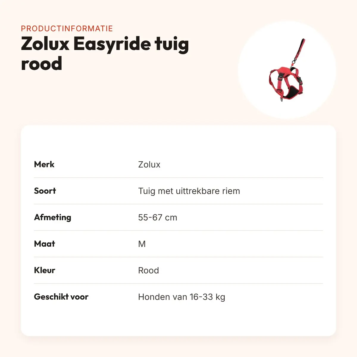 Zolux Easyride hondentuig rood M 55-67 cm – handsfree, 16-33 kg – productinformatie