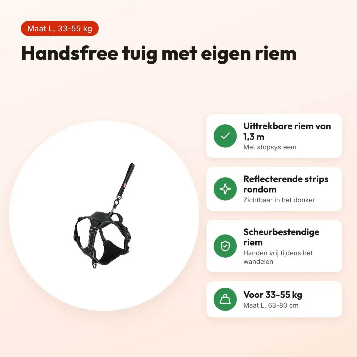 Zolux Easyride hondentuig zwart L 63-80 cm – handsfree, 33-55 kg – voordelen