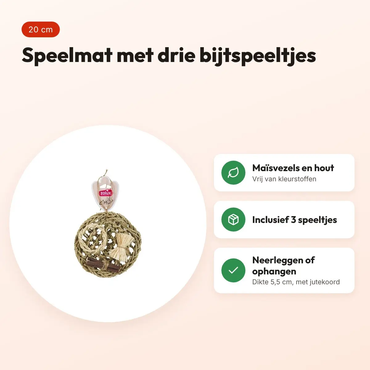 Zolux Ehop speelmat S 20 cm – kleine knaagdieren, met 3 bijtspeeltjes – voordelen