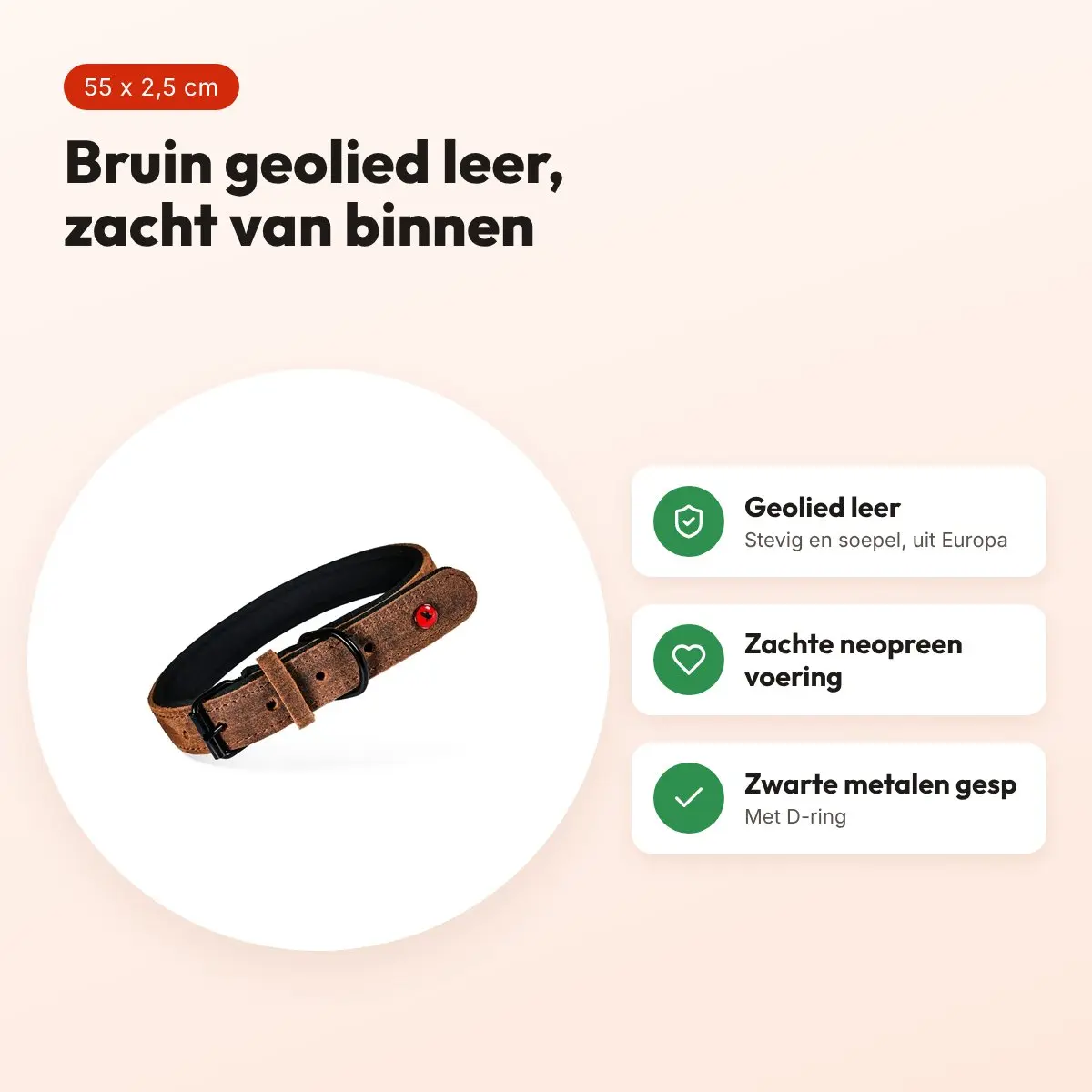 Zolux Expert halsband hond premium leer/neopreen bruin 55 x 2,5 cm – voordelen