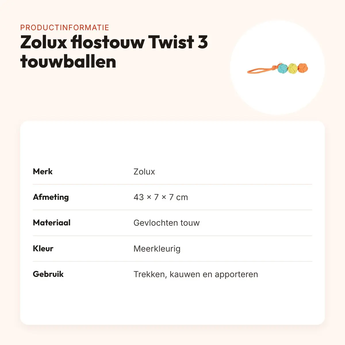 Zolux flostouw Twist met 3 touwballen meerkleurig 43 cm – trektouw – productinformatie