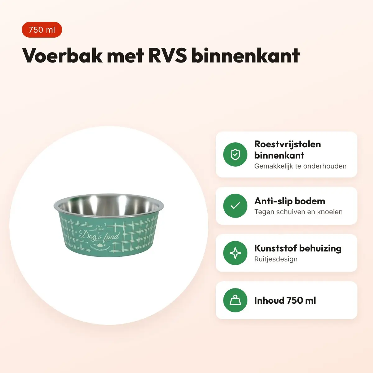 Zolux Food voerbak groen 750 ml – RVS binnenkant, voor honden – voordelen