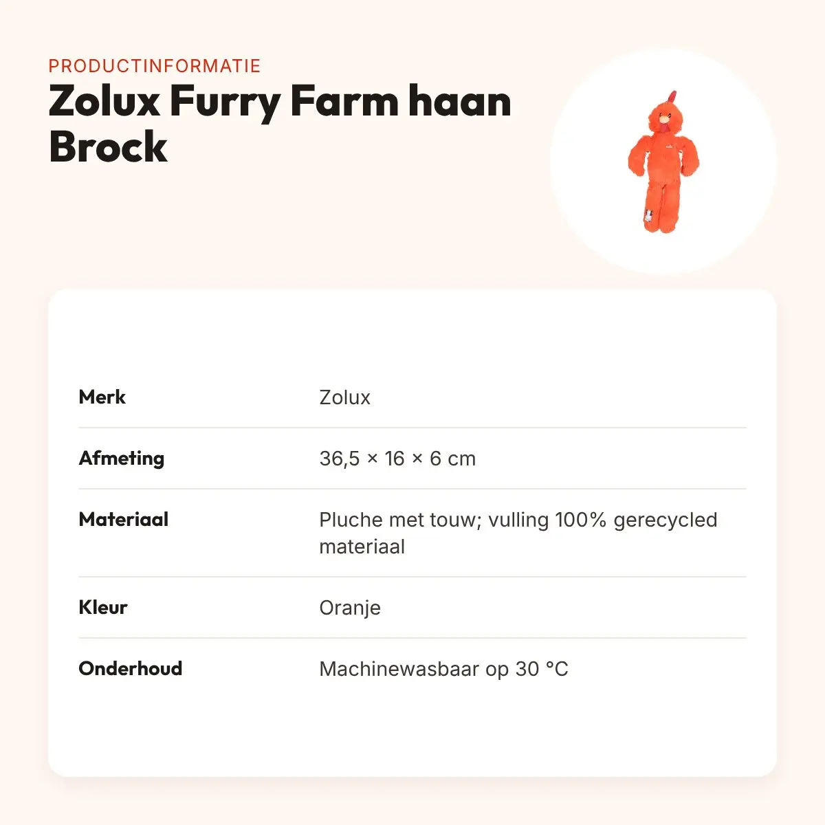Zolux Furry Farm haan Brock pluche met touw oranje 36,5 cm – hondenspeeltje – productinformatie