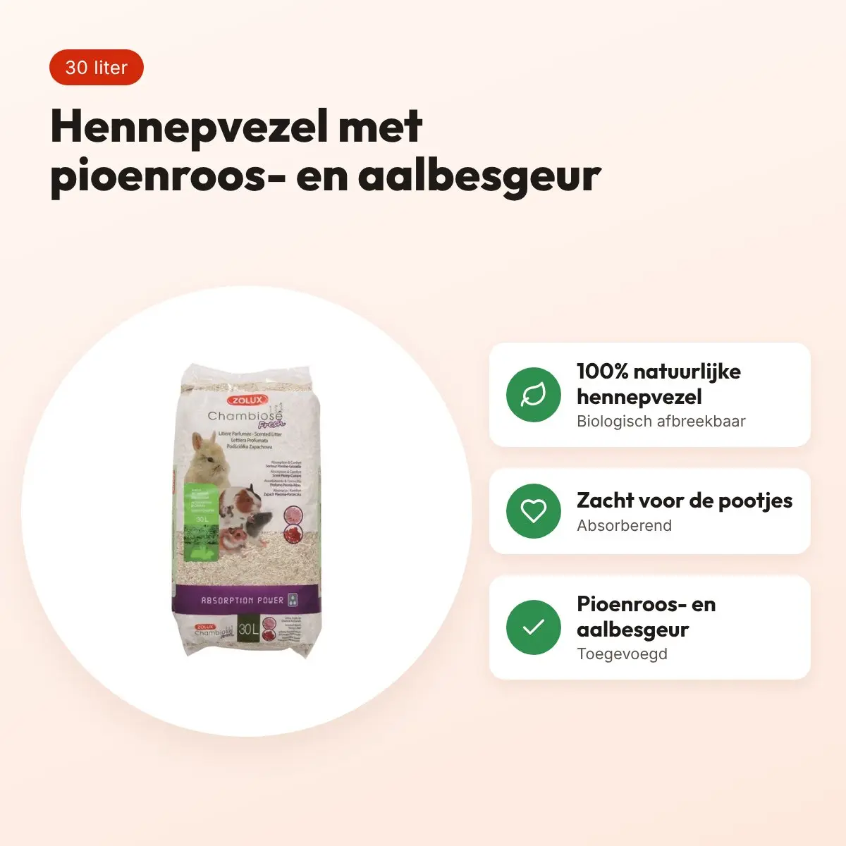 Zolux hennepvezel bodembedekking 30 liter – pioenroos- en aalbesgeur – voordelen