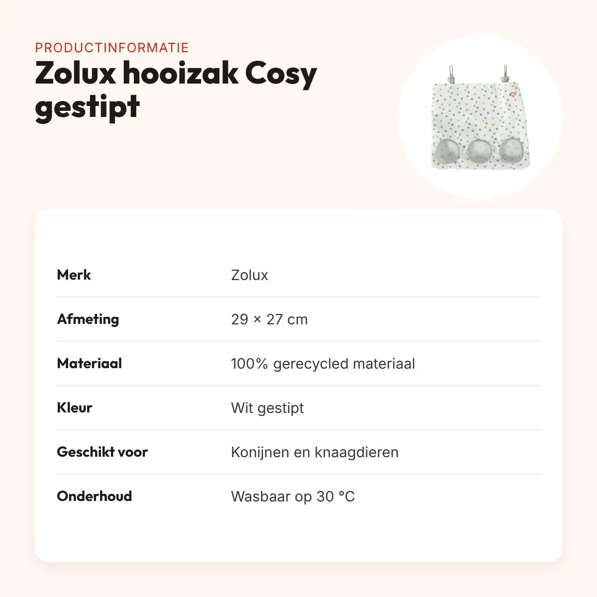 Zolux hooizak Cosy gestipt wit 29 x 27 cm – 3 openingen – productinformatie