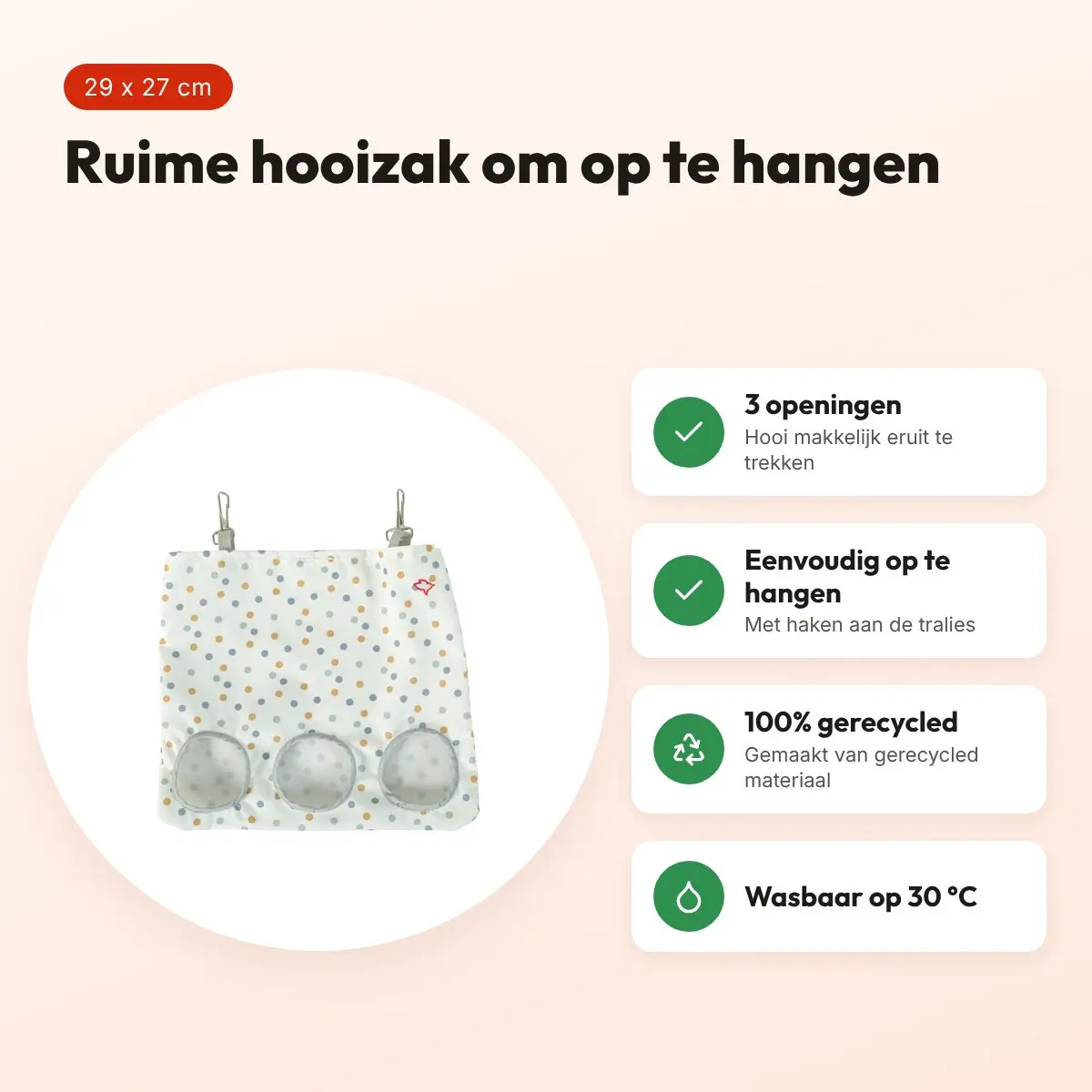 Zolux hooizak Cosy gestipt wit 29 x 27 cm – 3 openingen – voordelen