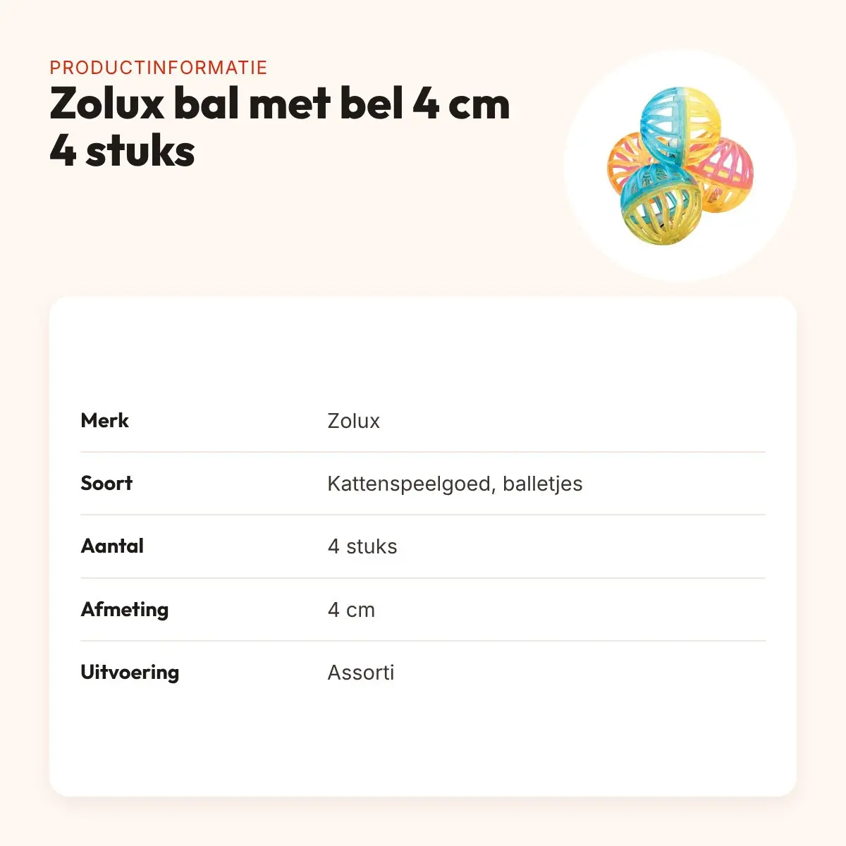 Zolux kattenspeelgoed bal met bel assorti 4 cm – 4 stuks – productinformatie
