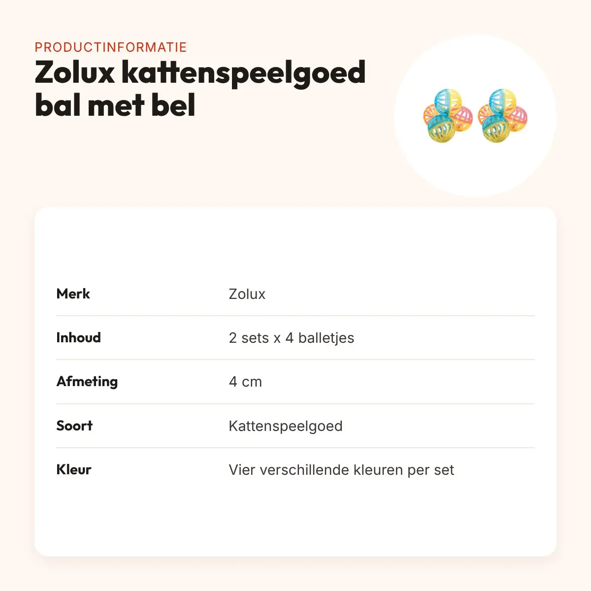 Zolux kattenspeelgoed balletjes met bel 4 cm – multipack 2 x 4 stuks – productinformatie