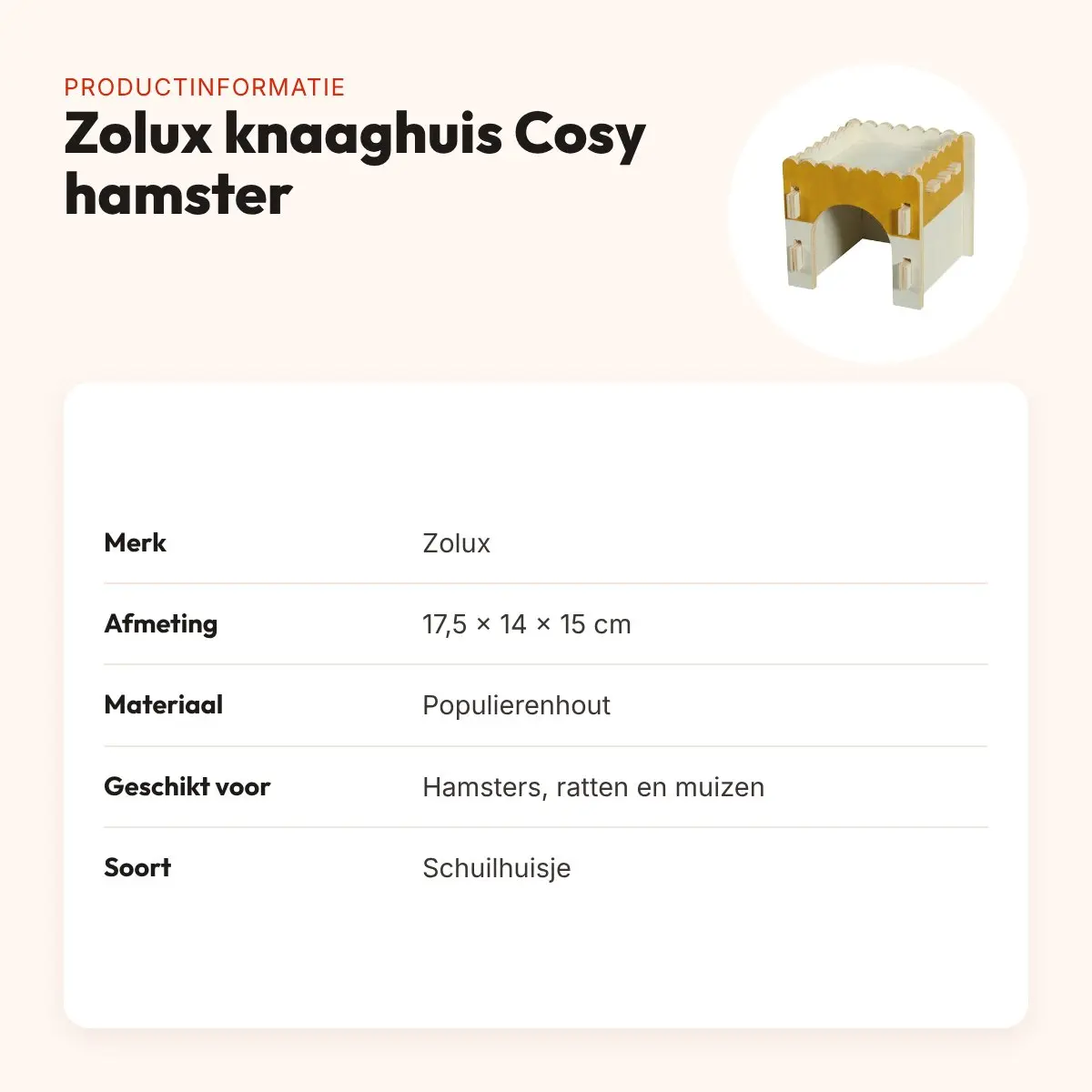 Zolux knaaghuis Cosy hamster/rat/muis van hout 17,5 x 14 x 15 cm – productinformatie