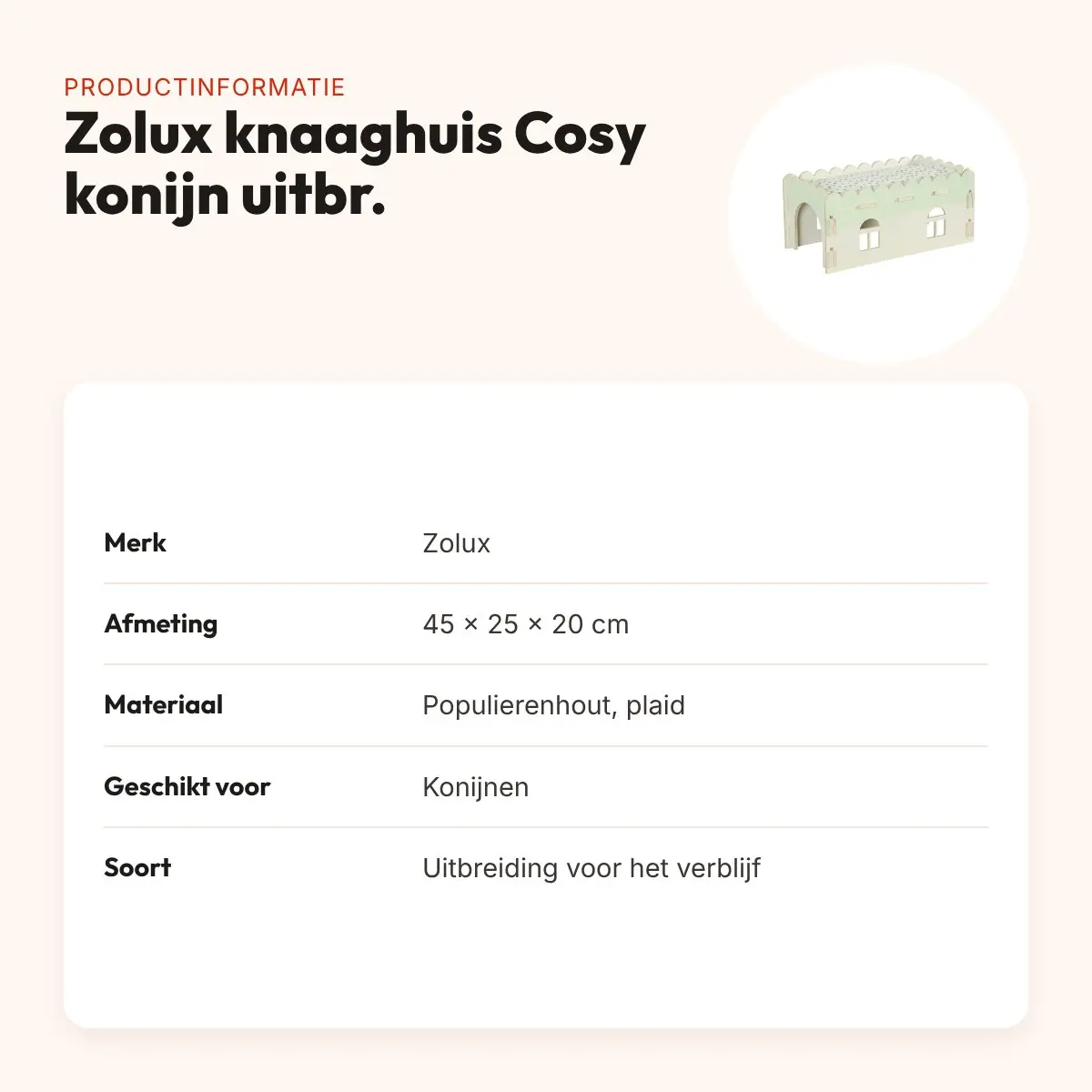 Zolux knaaghuis Cosy konijn uitbreiding hout 45 x 25 x 20 cm – productinformatie