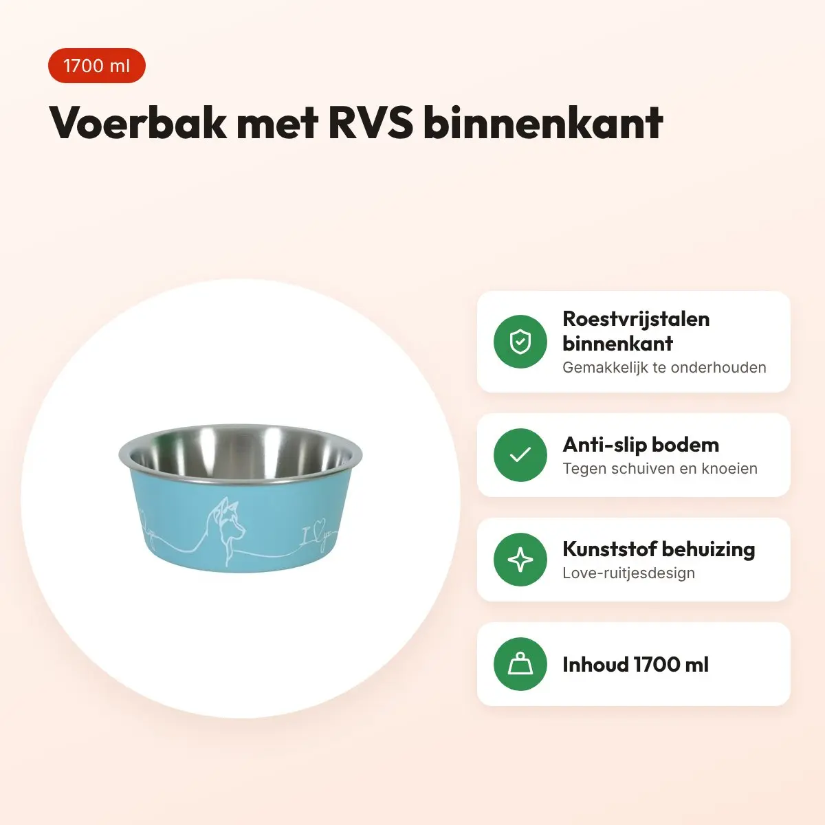 Zolux Love voerbak blauw 1700 ml – RVS binnenkant, voor honden – voordelen