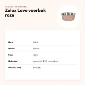 Zolux Love voerbak roze 750 ml – RVS binnenkant, voor honden – productinformatie