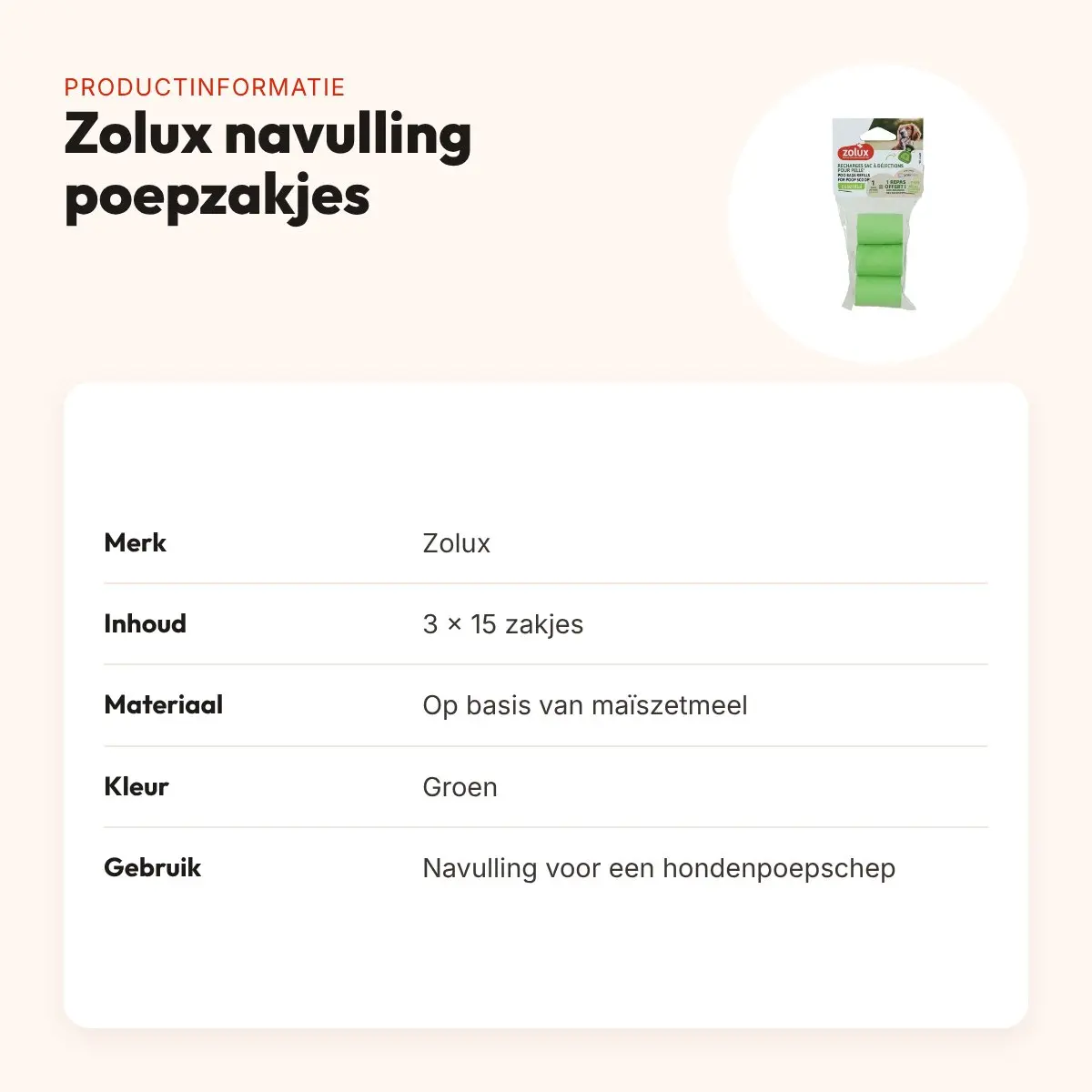 Zolux navulling poepzakjes voor hondenpoepschep groen 3 x 15 stuks – productinformatie