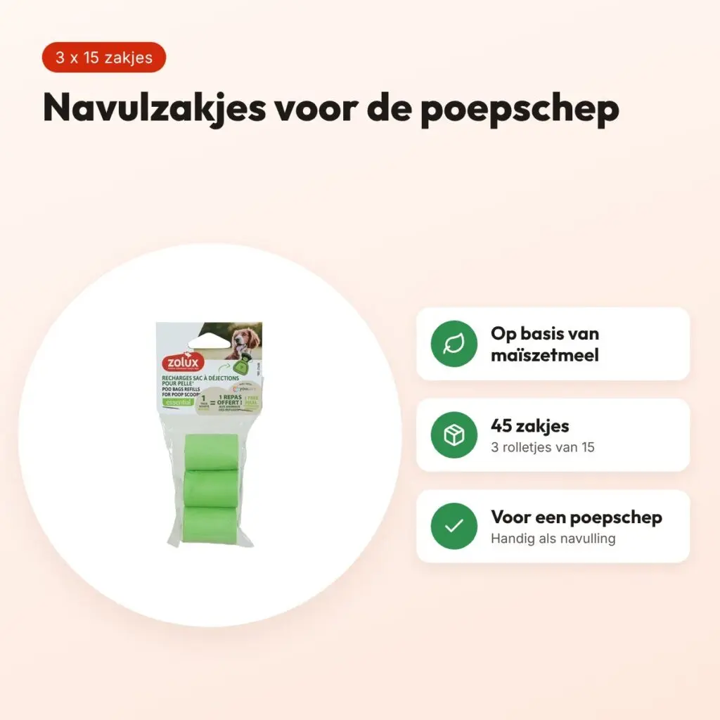 Zolux navulling poepzakjes voor hondenpoepschep groen 3 x 15 stuks – voordelen