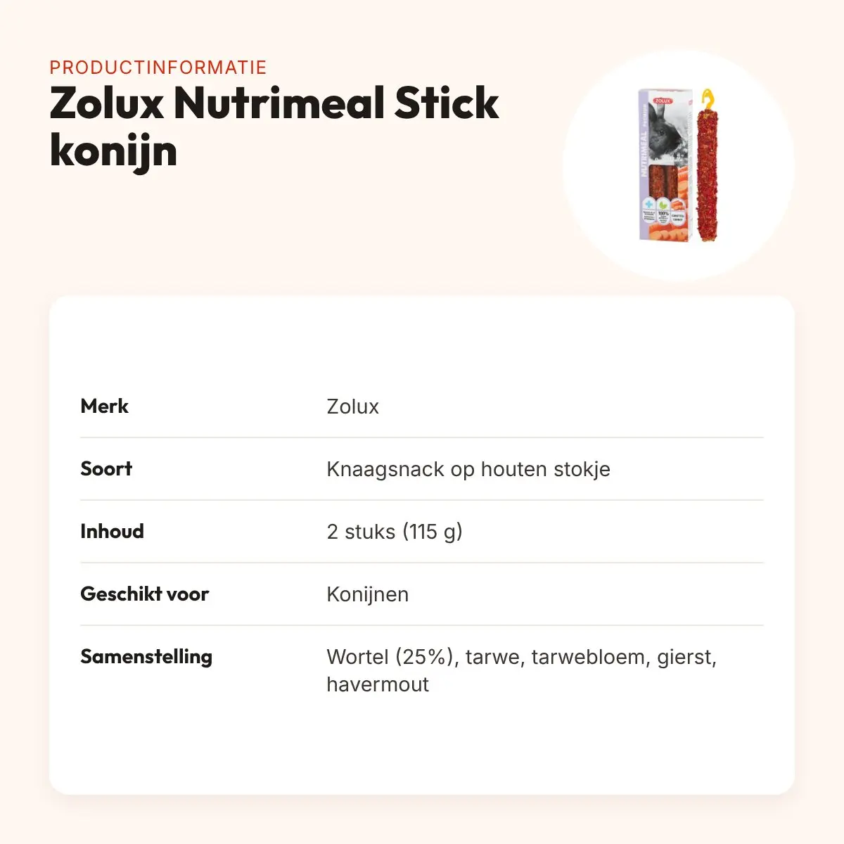 Zolux Nutrimeal Stick konijn wortel 2 stuks (115 g) – knaagsnack – productinformatie
