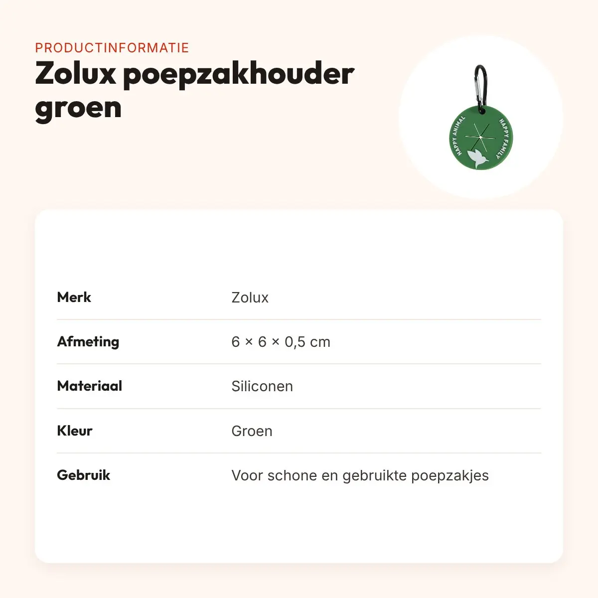 Zolux poepzakhouder met karabijnhaak groen 6 x 6 x 0,5 cm – siliconen – productinformatie