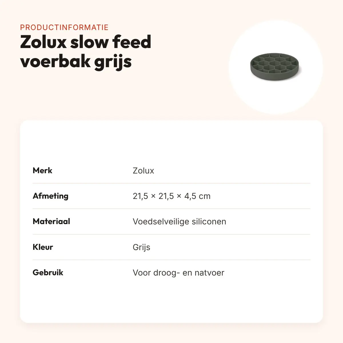 Zolux slow feed hondenvoerbak grijs 21,5 x 21,5 x 4,5 cm – zuignap – productinformatie
