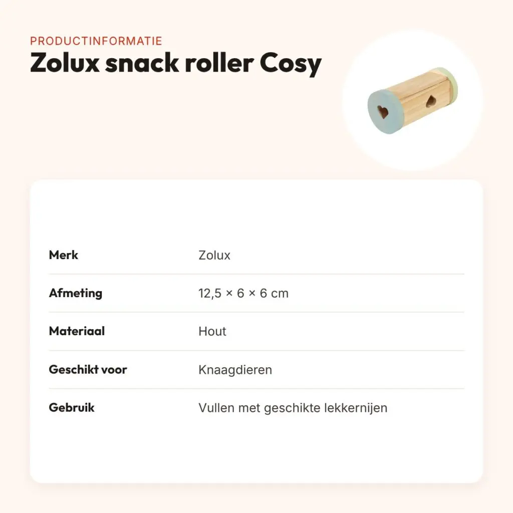 Zolux snack roller Cosy van hout 12,5 x 6 x 6 cm – voor knaagdieren – productinformatie