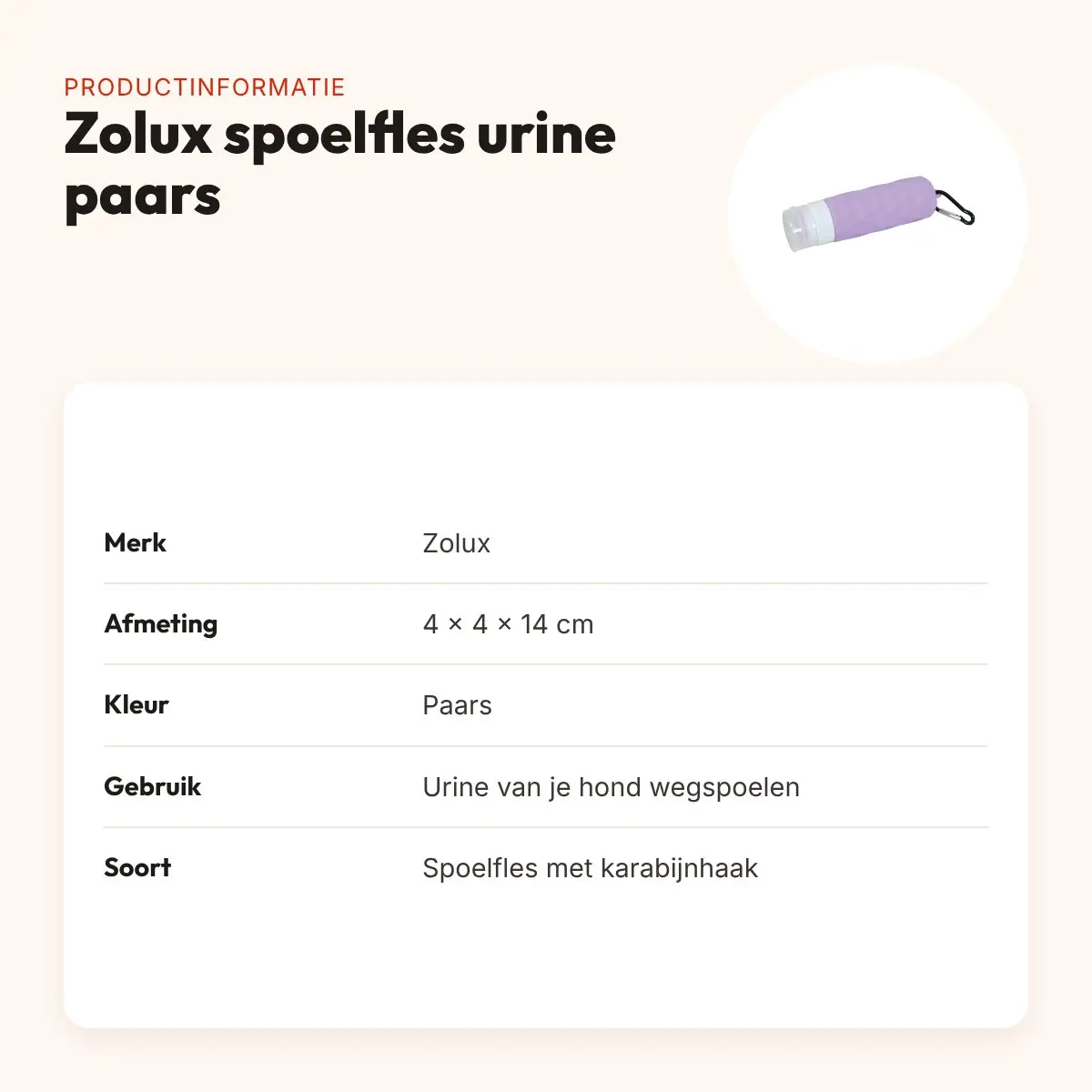 Zolux spoelfles voor hondenurine paars 4 x 4 x 14 cm – met karabijnhaak – productinformatie