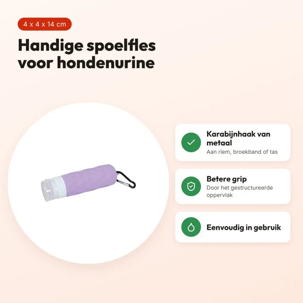 Zolux spoelfles voor hondenurine paars 4 x 4 x 14 cm – met karabijnhaak – voordelen