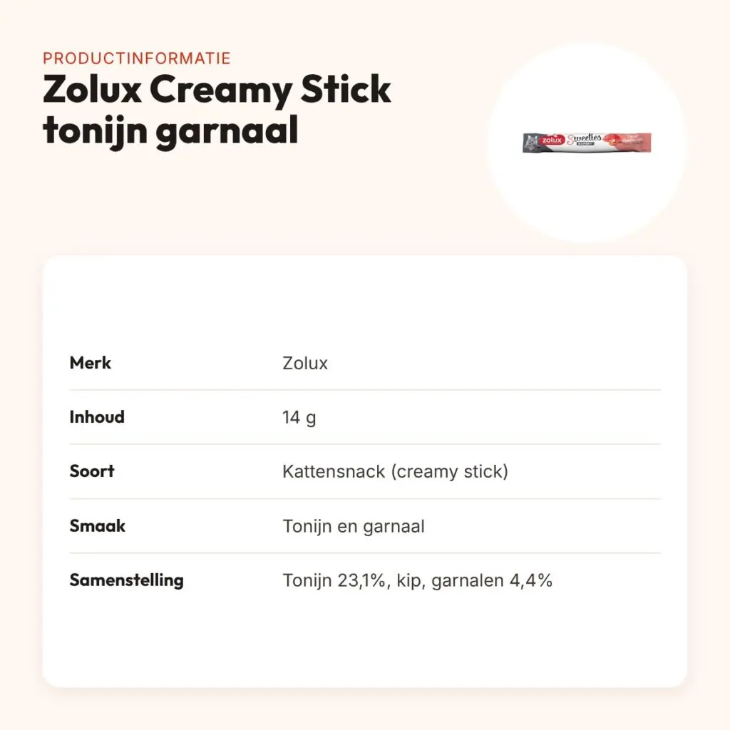 Zolux Sweeties Expert Creamy Stick kattensnack tonijn en garnaal 14 g – productinformatie