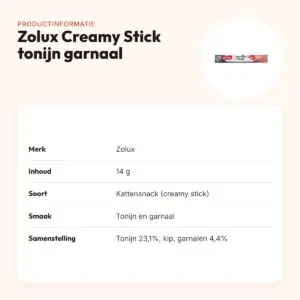 Zolux Sweeties Expert Creamy Stick kattensnack tonijn en garnaal 14 g – productinformatie