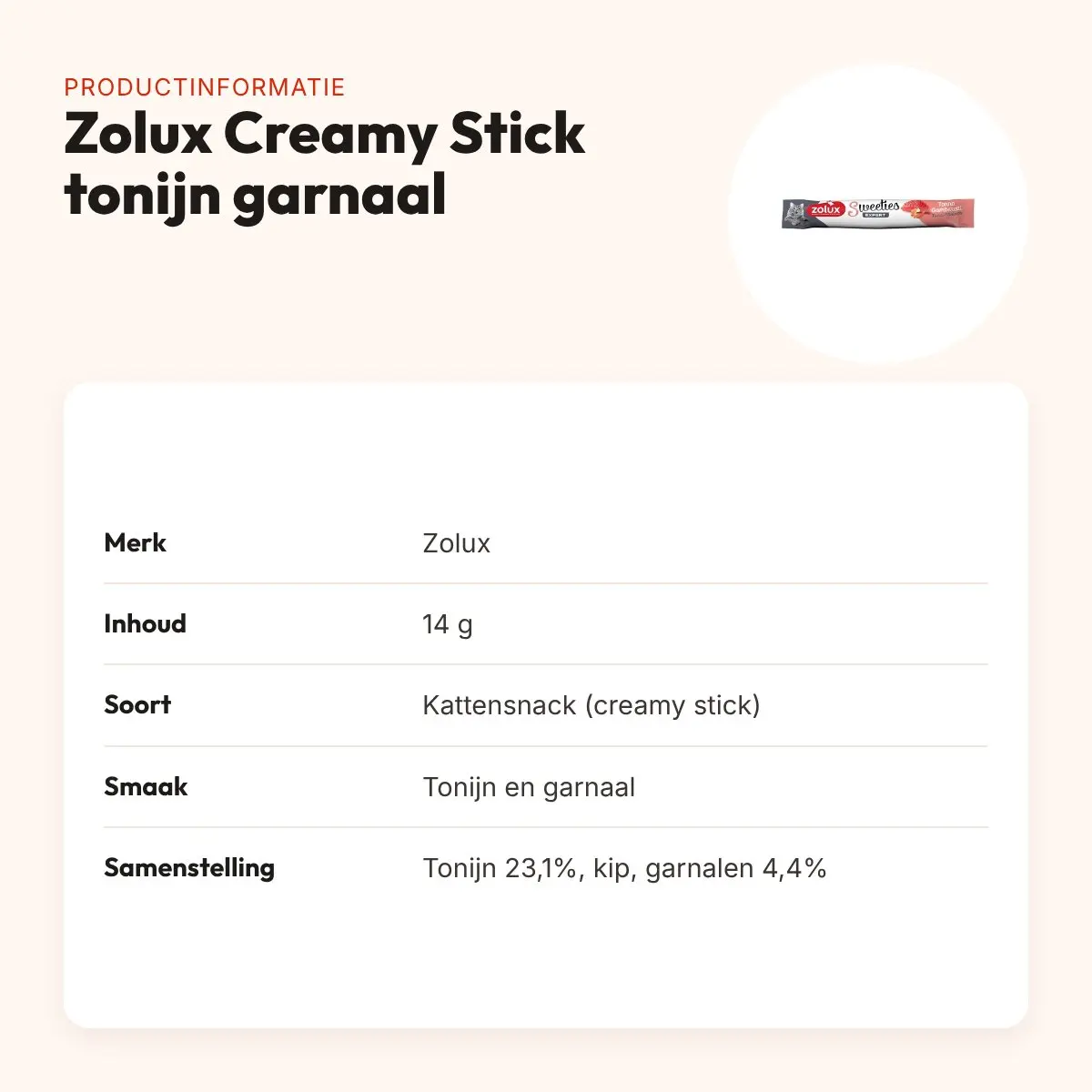 Zolux Sweeties Expert Creamy Stick kattensnack tonijn en garnaal 14 g – productinformatie