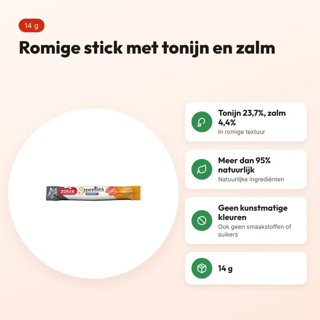 Zolux Sweeties Expert Creamy Stick kattensnack tonijn en zalm 14 g – voordelen