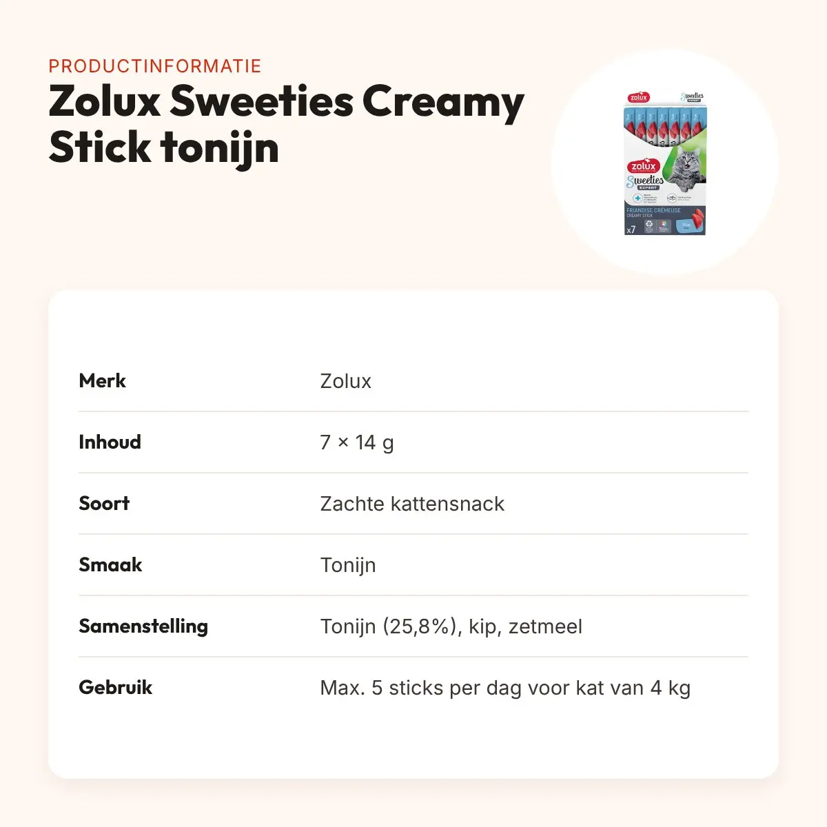 Zolux Sweeties Expert Creamy Stick tonijn 7 x 14 g – kattensnack – productinformatie