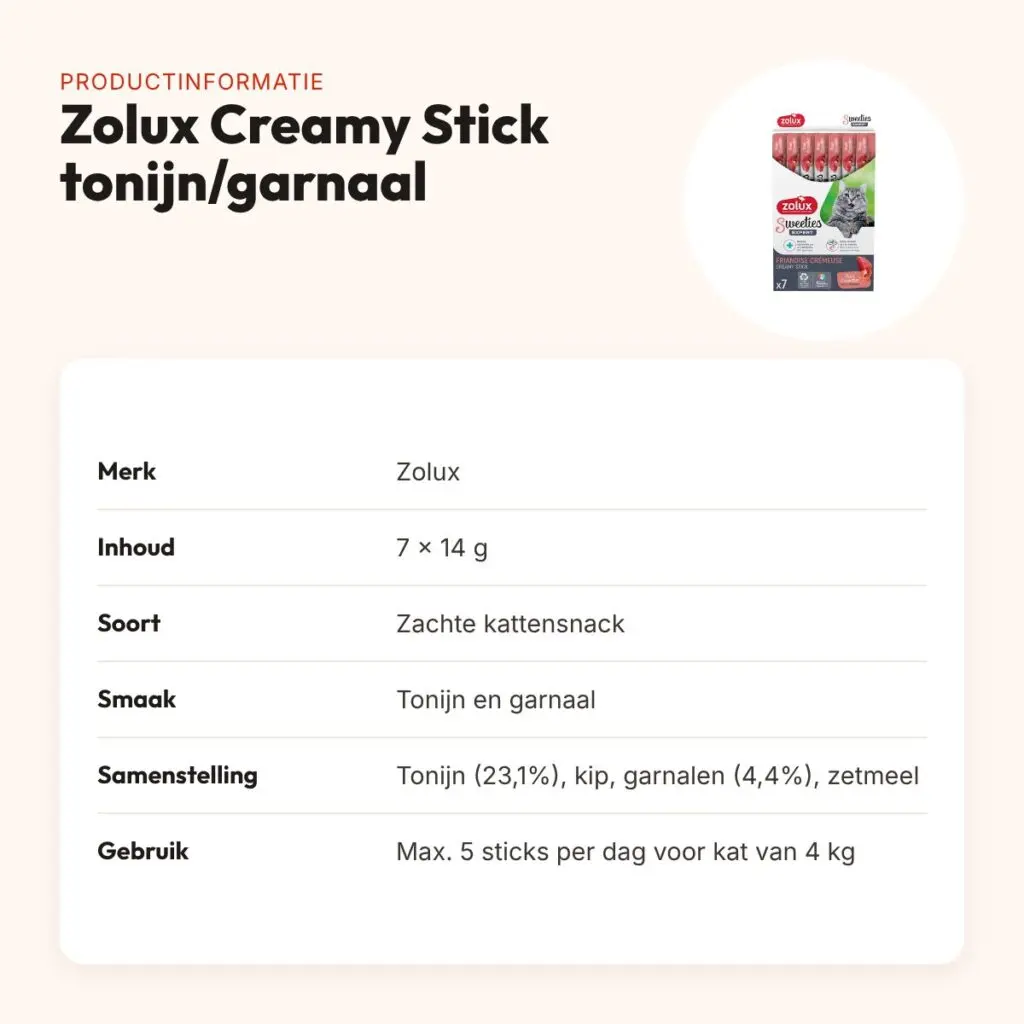 Zolux Sweeties Expert Creamy Stick tonijn/garnaal 7 x 14 g – kattensnack – productinformatie