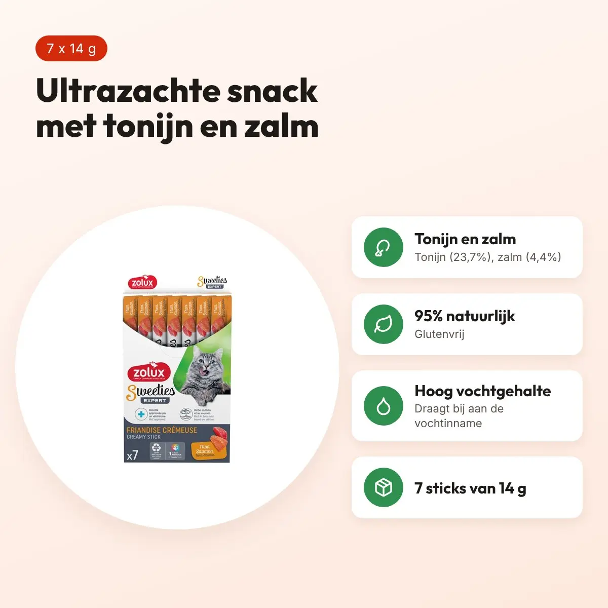 Zolux Sweeties Expert Creamy Stick tonijn/zalm 7 x 14 g – kattensnack – voordelen