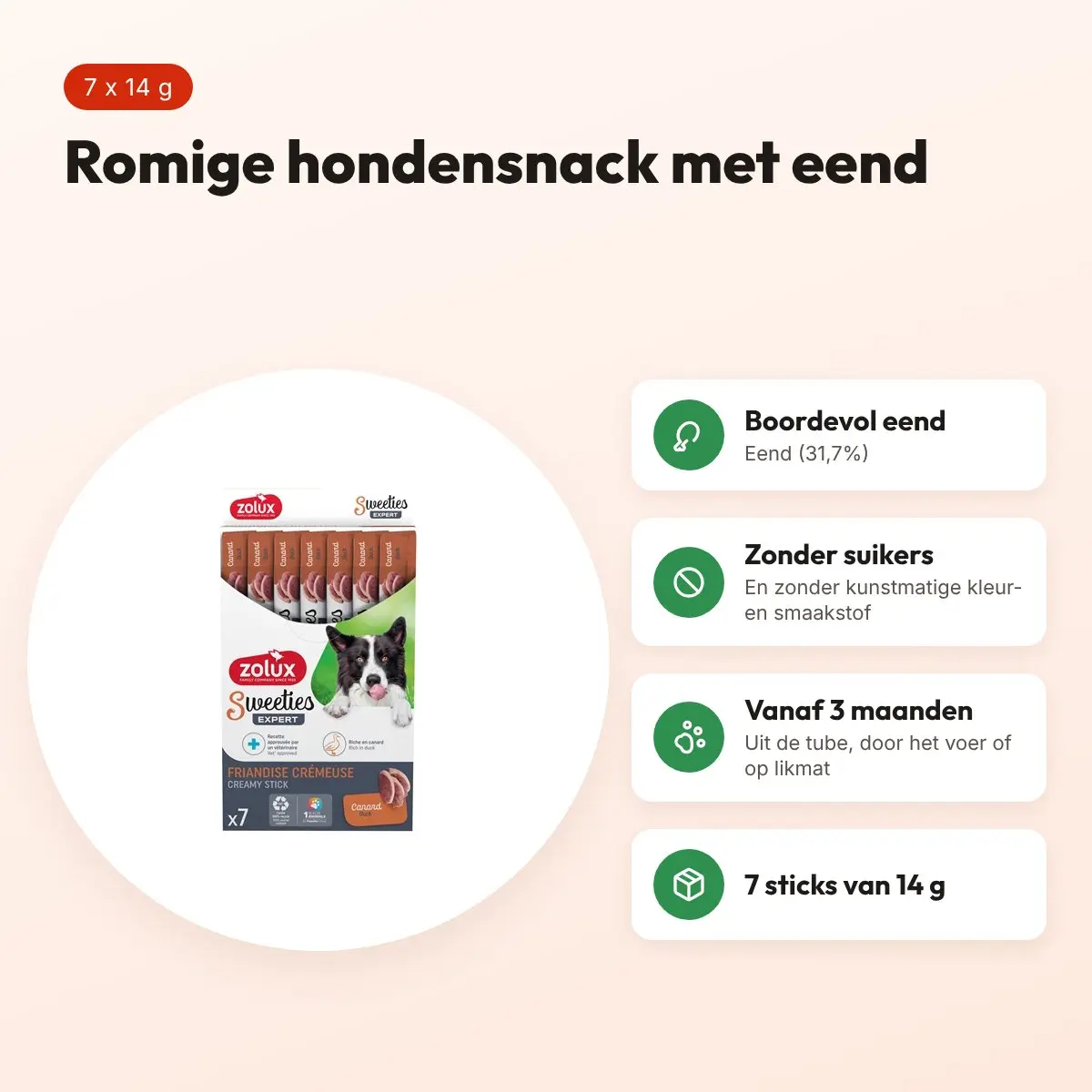 Zolux Sweeties Expert Creamy Sticks eend 7 x 14 g – hondensnack – voordelen