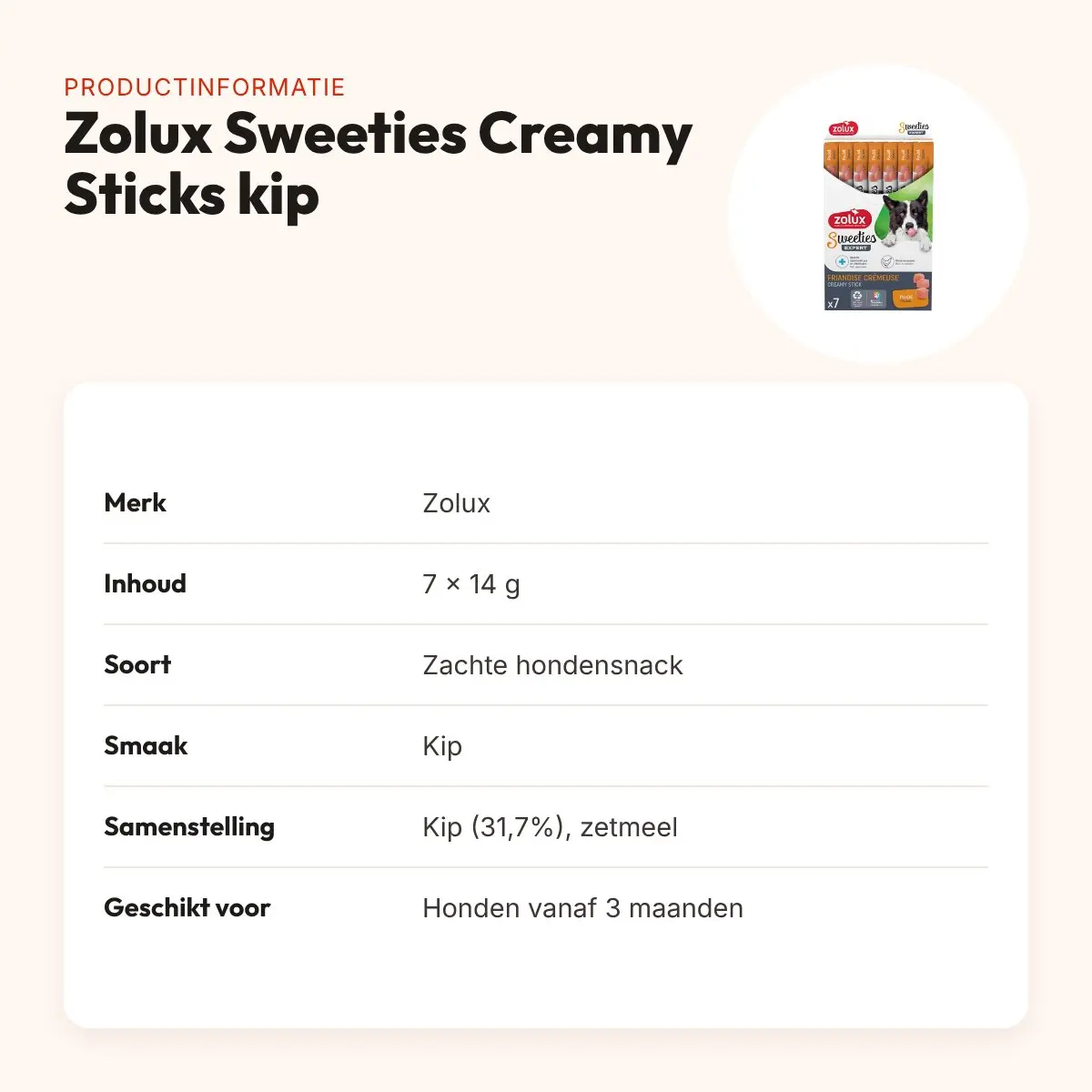 Zolux Sweeties Expert Creamy Sticks kip 7 x 14 g – hondensnack – productinformatie