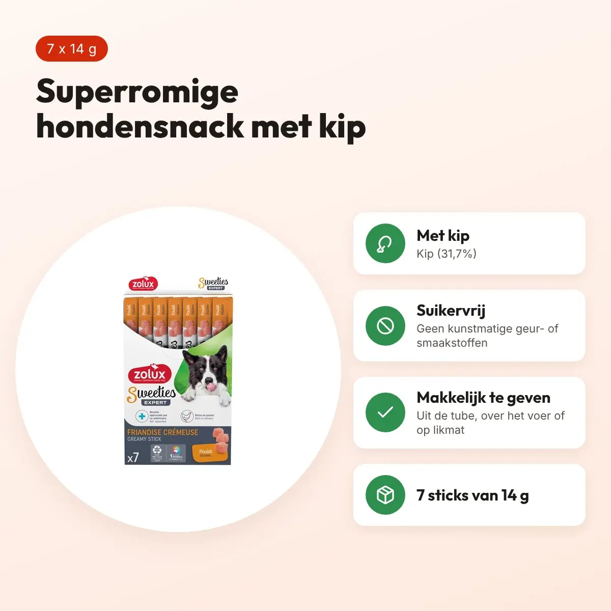 Zolux Sweeties Expert Creamy Sticks kip 7 x 14 g – hondensnack – voordelen
