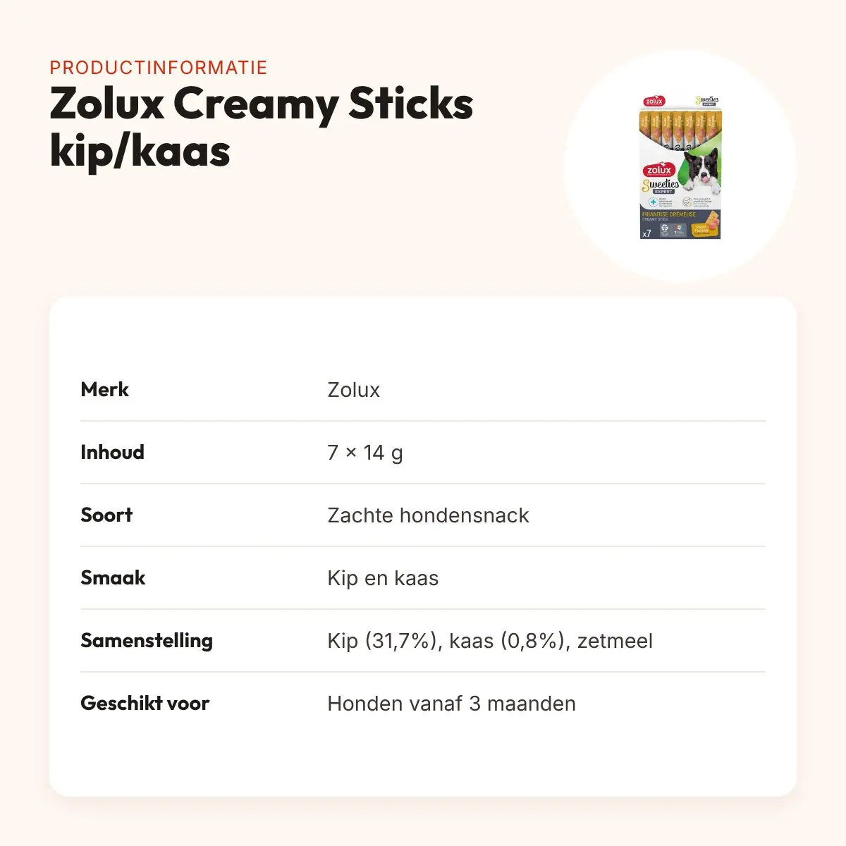 Zolux Sweeties Expert Creamy Sticks kip/kaas 7 x 14 g – hondensnack – productinformatie