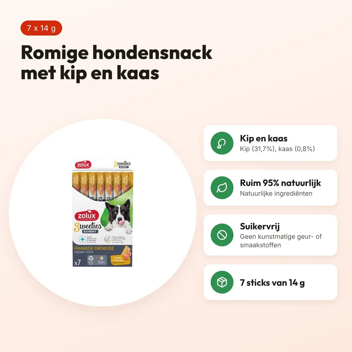Zolux Sweeties Expert Creamy Sticks kip/kaas 7 x 14 g – hondensnack – voordelen