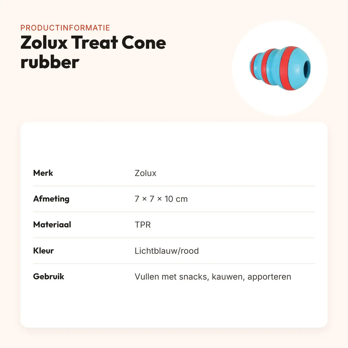 Zolux Treat Cone snackspeeltje rubber lichtblauw/rood 7 x 7 x 10 cm – productinformatie