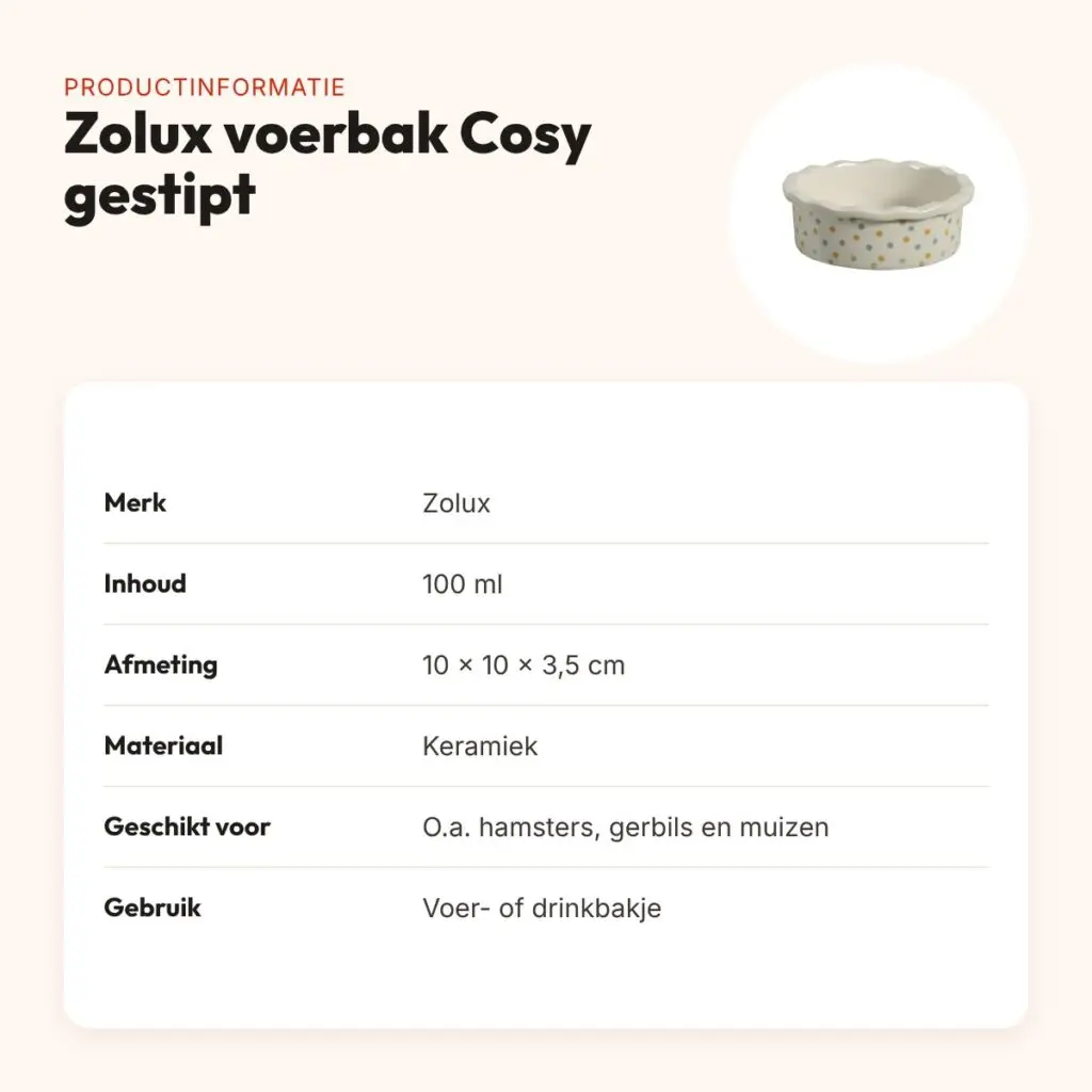 Zolux voerbak Cosy gestipt keramiek wit 100 ml – 10 x 10 x 3,5 cm – productinformatie