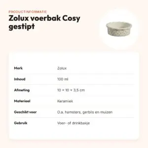 Zolux voerbak Cosy gestipt keramiek wit 100 ml – 10 x 10 x 3,5 cm – productinformatie