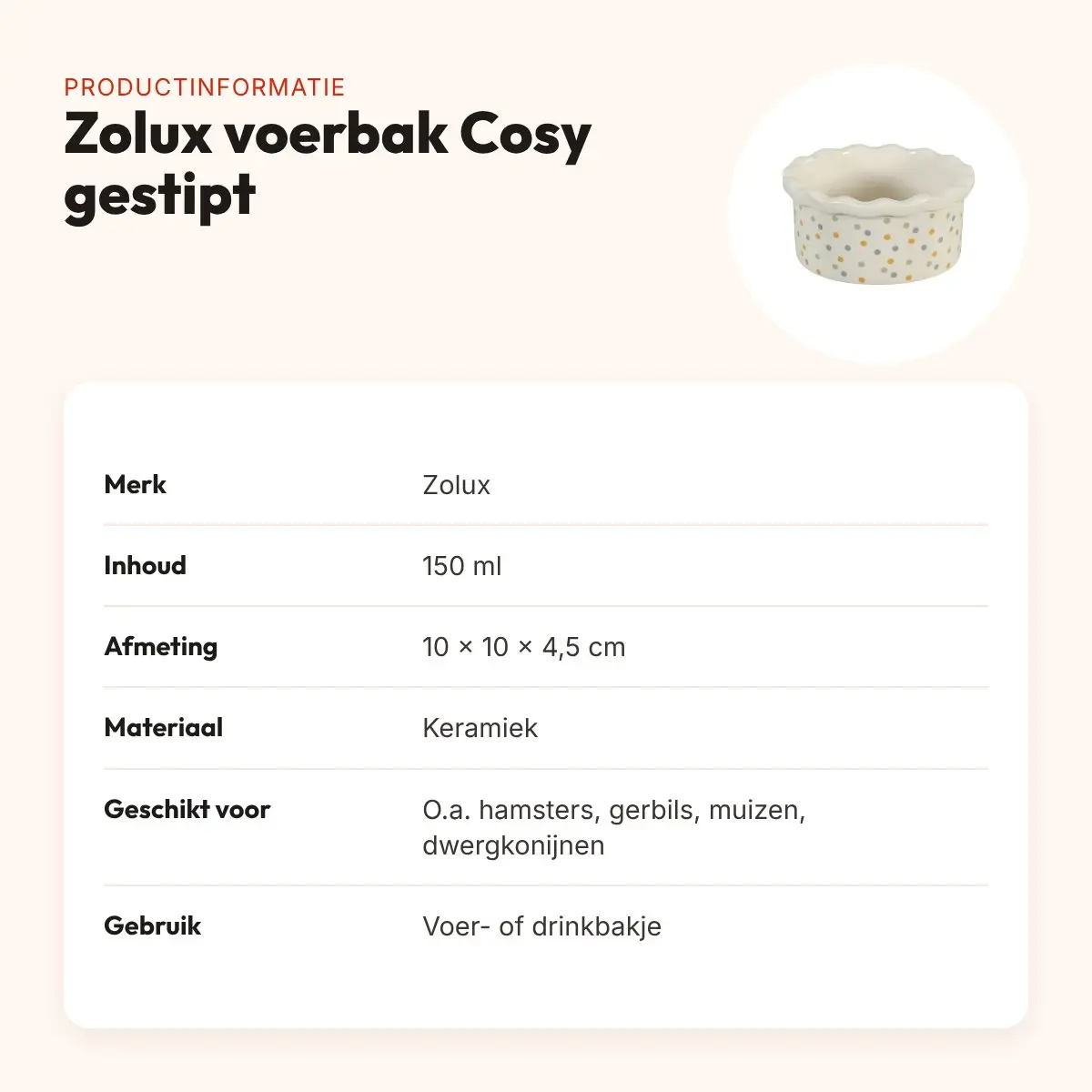 Zolux voerbak Cosy gestipt keramiek wit 150 ml – 10 x 10 x 4,5 cm – productinformatie