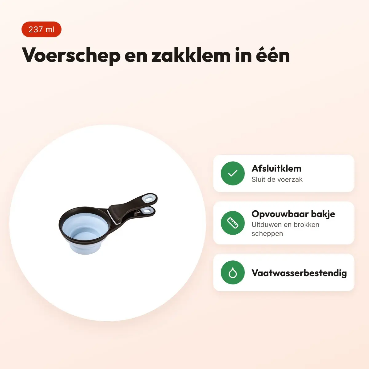 Zolux voerschep 2-in-1 met afsluitklem siliconen blauw 237 ml – voordelen