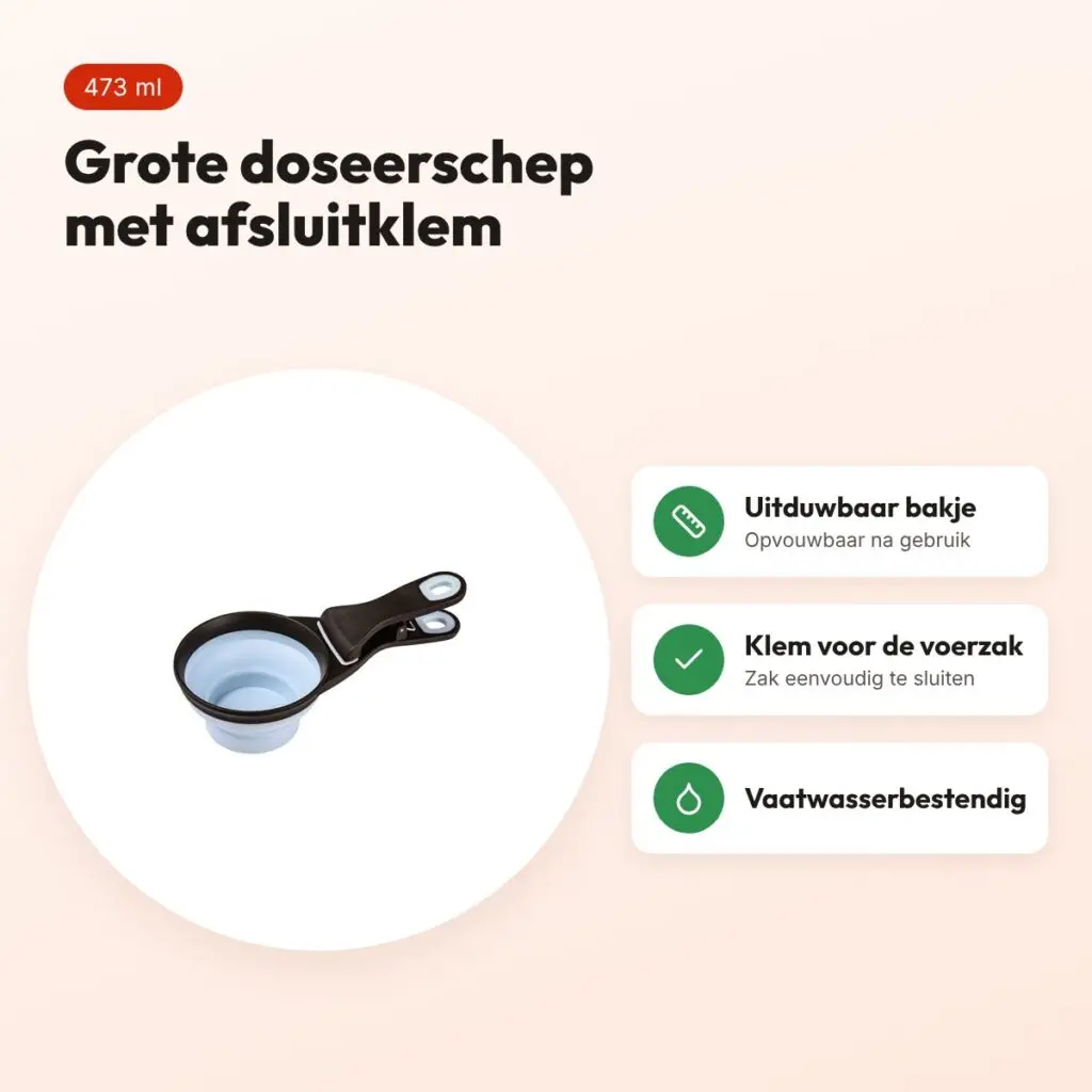 Zolux voerschep 2-in-1 met afsluitklem siliconen blauw 473 ml – voordelen