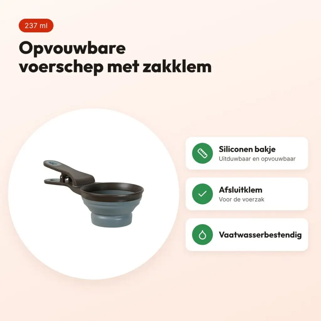 Zolux voerschep 2-in-1 met afsluitklem siliconen grijs 237 ml – voordelen