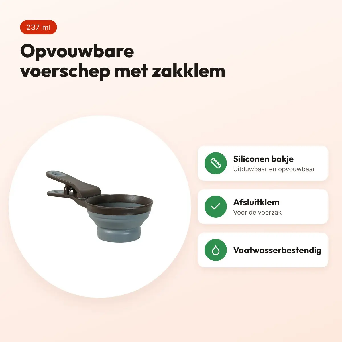 Zolux voerschep 2-in-1 met afsluitklem siliconen grijs 237 ml – voordelen