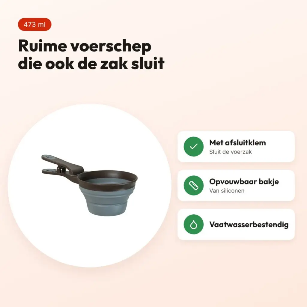 Zolux voerschep 2-in-1 met afsluitklem siliconen grijs 473 ml – voordelen